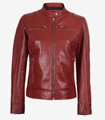 Women's Red Real Leather Jacket in Biker Style