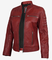 Women's Red Waxed Leather Jacket in Biker Style