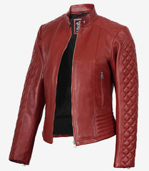 Women's Red Real Leather Quilted Biker Jacket