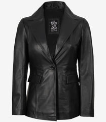 Women's Black Leather Blazer with Single Button and Peak Lapel