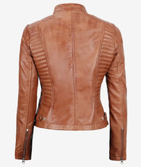 Rachel Women's Petite Tan Leather Jacket in Biker Style