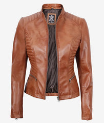 Rachel Women's Petite Tan Leather Jacket in Biker Style