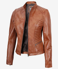 Rachel Women's Petite Tan Leather Jacket in Biker Style