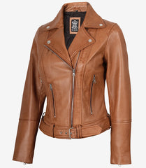 Women's Tan Leather Biker Jacket with Asymmetrical Cut and Belted Waist