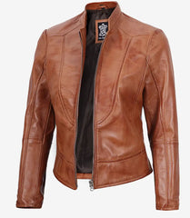 Montana Women's Tall Tan Leather Jacket - Biker Style