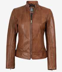 Women's Tan Waxed Leather Biker Jacket in a Slim-Fit Silhouette