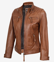 Women's Tan Quilted Lambskin Leather Jacket Biker Design