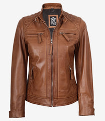 Women's Tan Quilted Lambskin Leather Jacket Biker Design