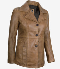 Women's Camel Brown Leather Blazer with Three Buttons