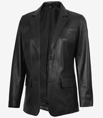 Women's Black Leather Blazer with Two Buttons and Notch Lapel