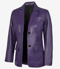 Women's Purple Leather Blazer with Two Buttons and Notch Lapel
