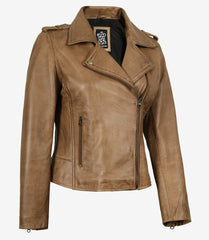 Women's Camel Brown Real Leather Jacket - Biker Style