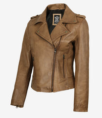 Women's Camel Brown Real Leather Jacket - Biker Style