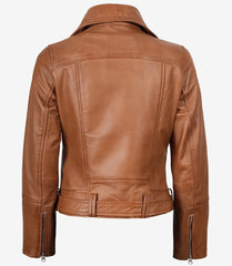 Women's Tan Leather Biker Jacket with Asymmetrical Cut and Belted Waist