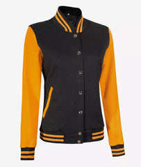 Women's Black and Yellow Varsity Jacket with Baseball Letterman Style