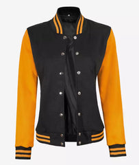 Women's Black and Yellow Varsity Jacket with Baseball Letterman Style